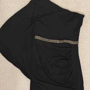 Black CACHE Off-the-Shoulder Dress with Decorative Gold Trim